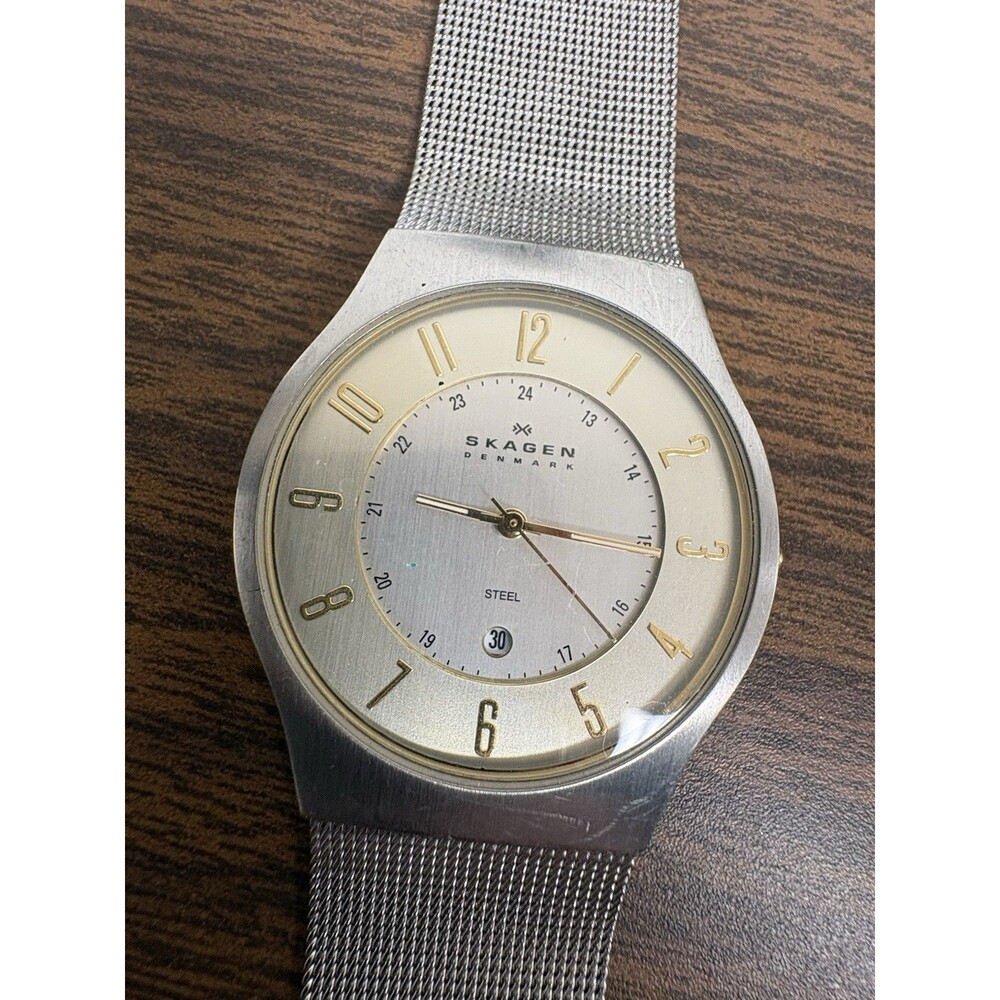 Skagen Denmark Watch Mens Silver Toned Thin Mesh Date Stainless Steel 23XLSGS